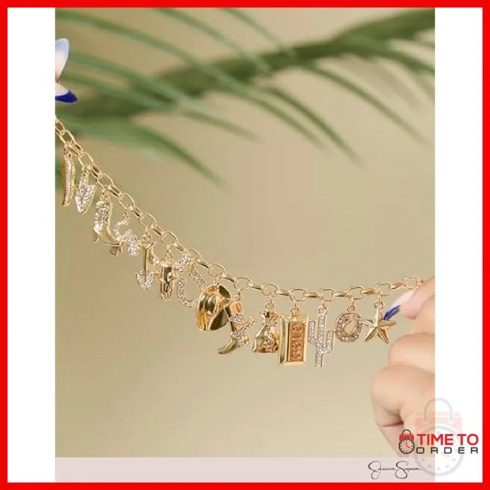 Gold Tone Charm Bracelet 14 Western Charms Adjustable 7+3 Inch